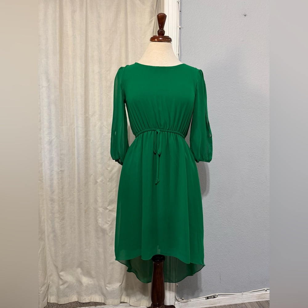 Enfocus Studio Women Green Boat Neck Long Puffy Sleeves High-Low Hem Dress 4‎